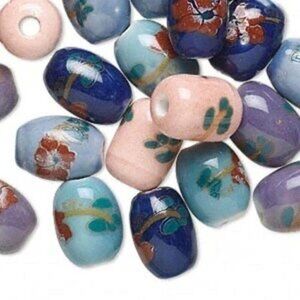 Mixed Color Handmade 14x8mm Oval Porcelain Beads with Flowers 10 pcs